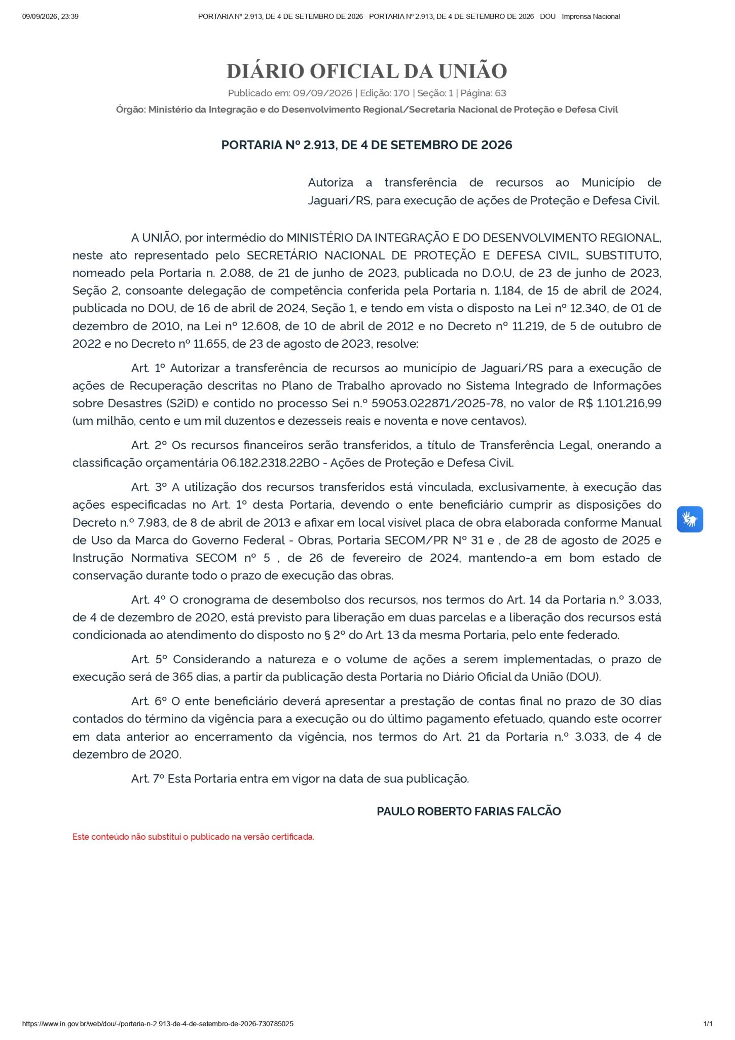 Portaria 2.913/2026